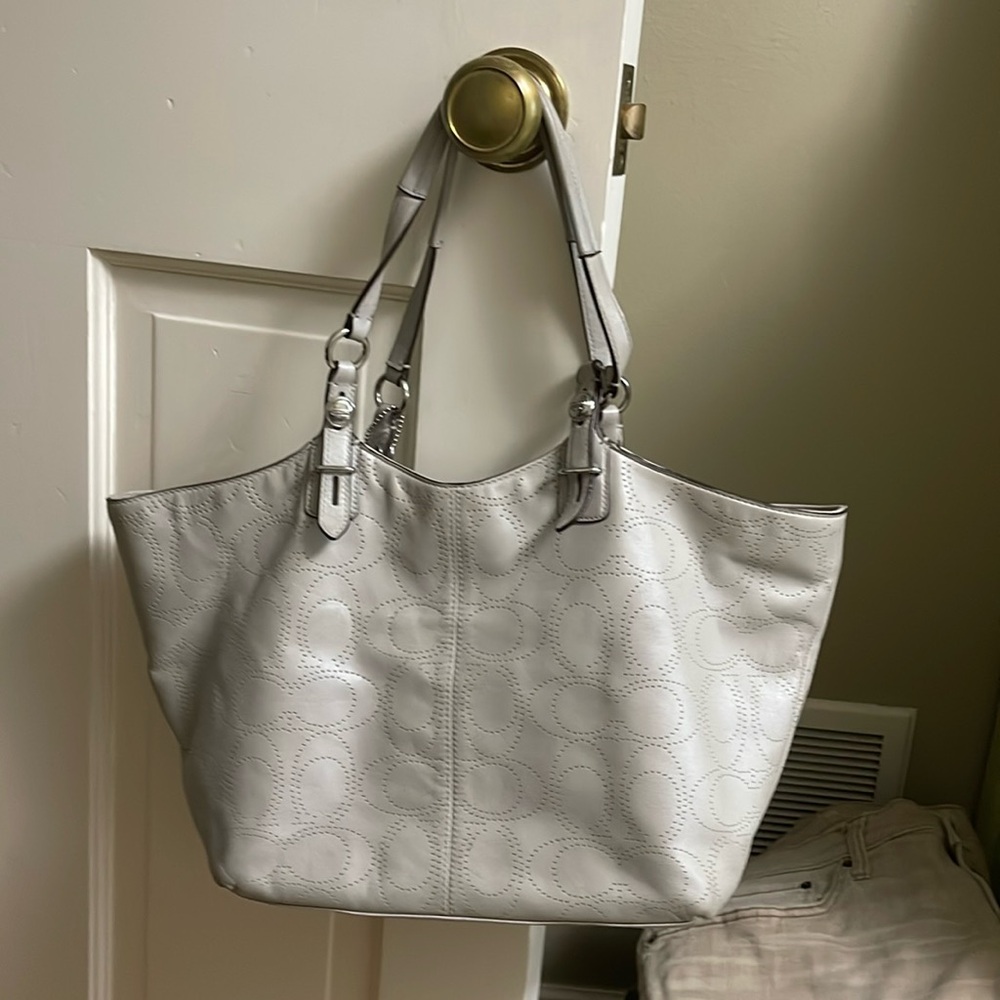 Coach gray perforated soft leather shoulder tote bag 2 handle A1182-F16598